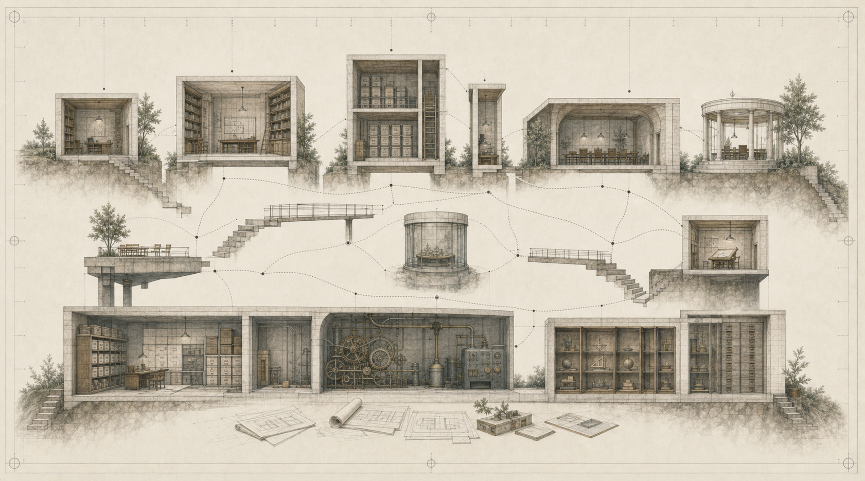 A fragmented organizational architecture with disconnected rooms, archives, systems, and incomplete bridges