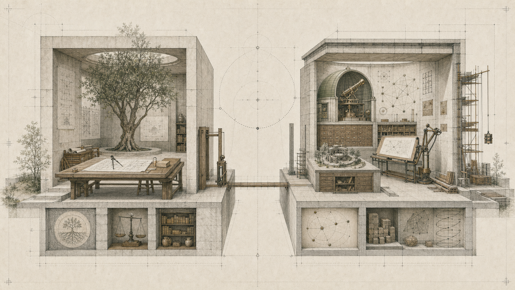 An architectural diptych contrasting rooted human responsibility with analytical AI capability