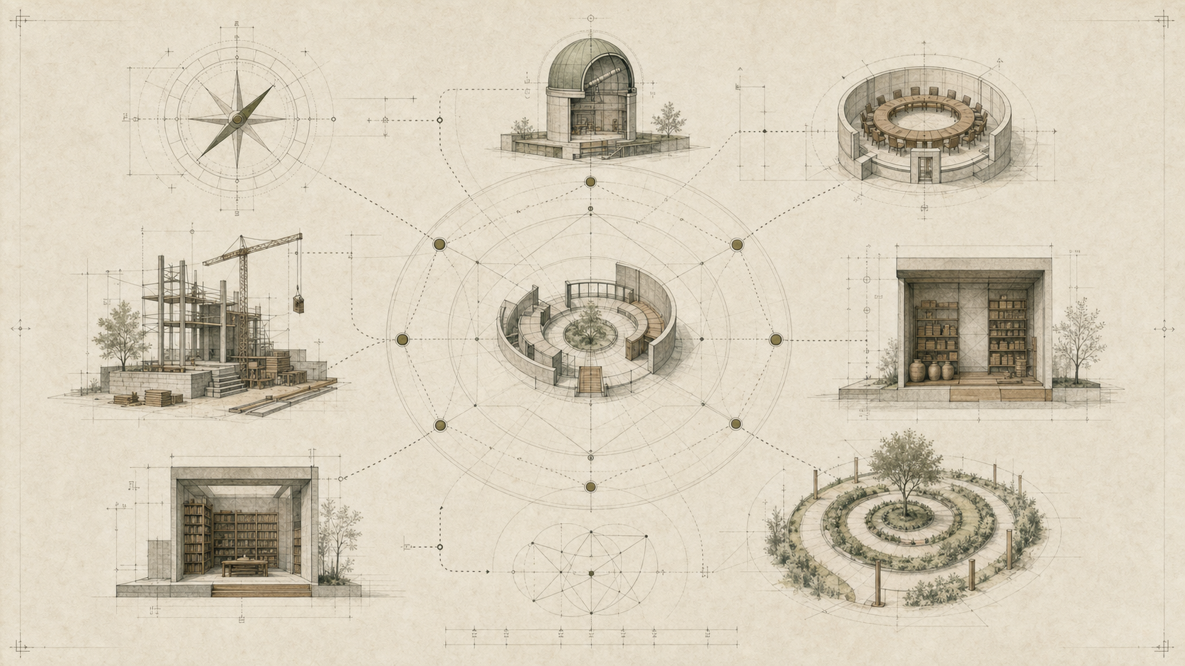 Architectural studies representing seven interconnected organizational systems