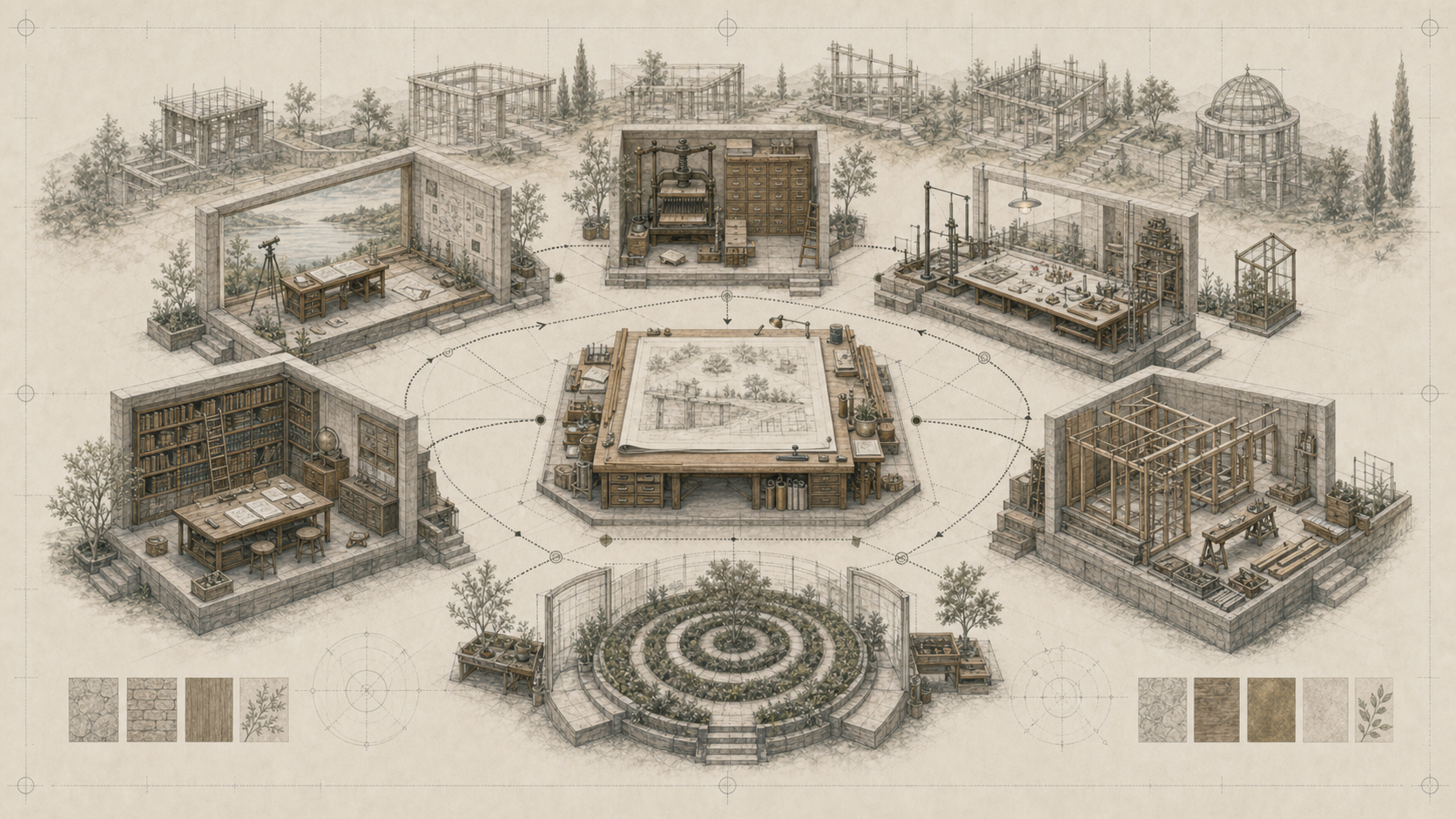 An architectural studio organized around observation, distillation, testing, codification, application, and learning